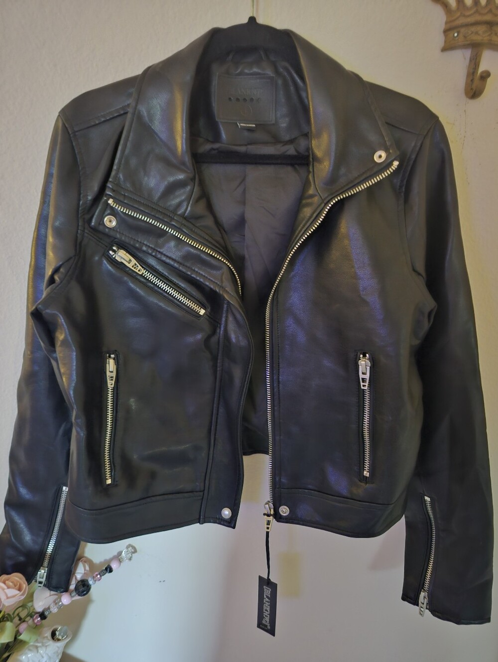 Black Moto Leather Jacket with Silver Zippers